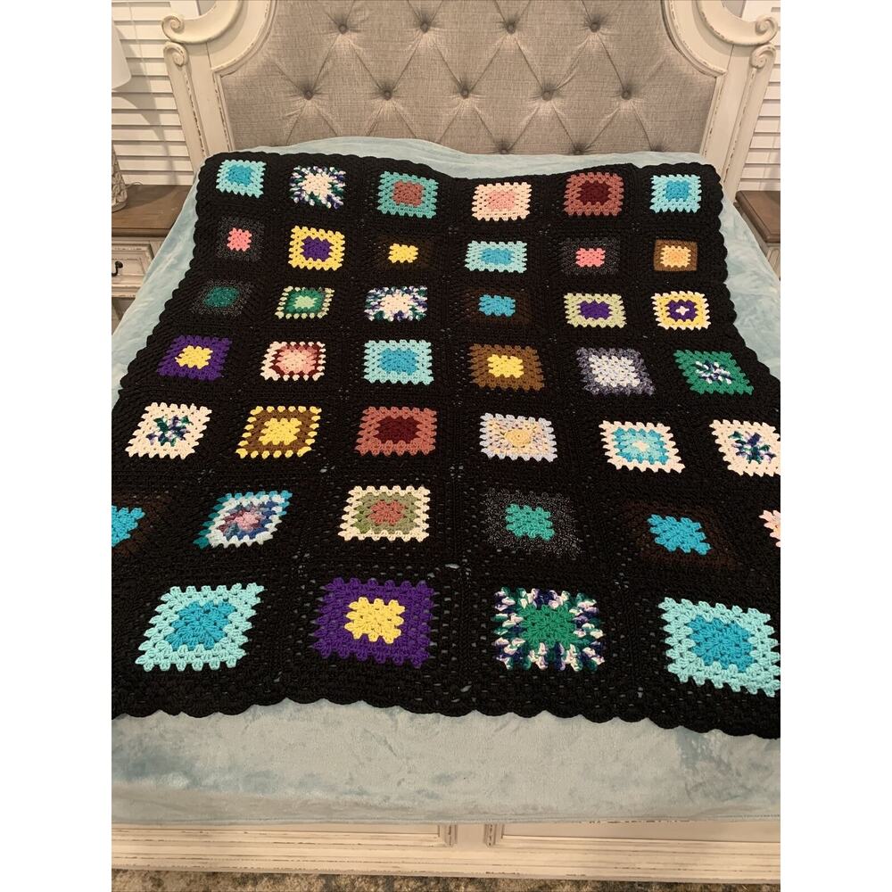 VTG Granny Square Black Afghan Crochet Throw Blanket Roseanne 62x68 SOME PILLING